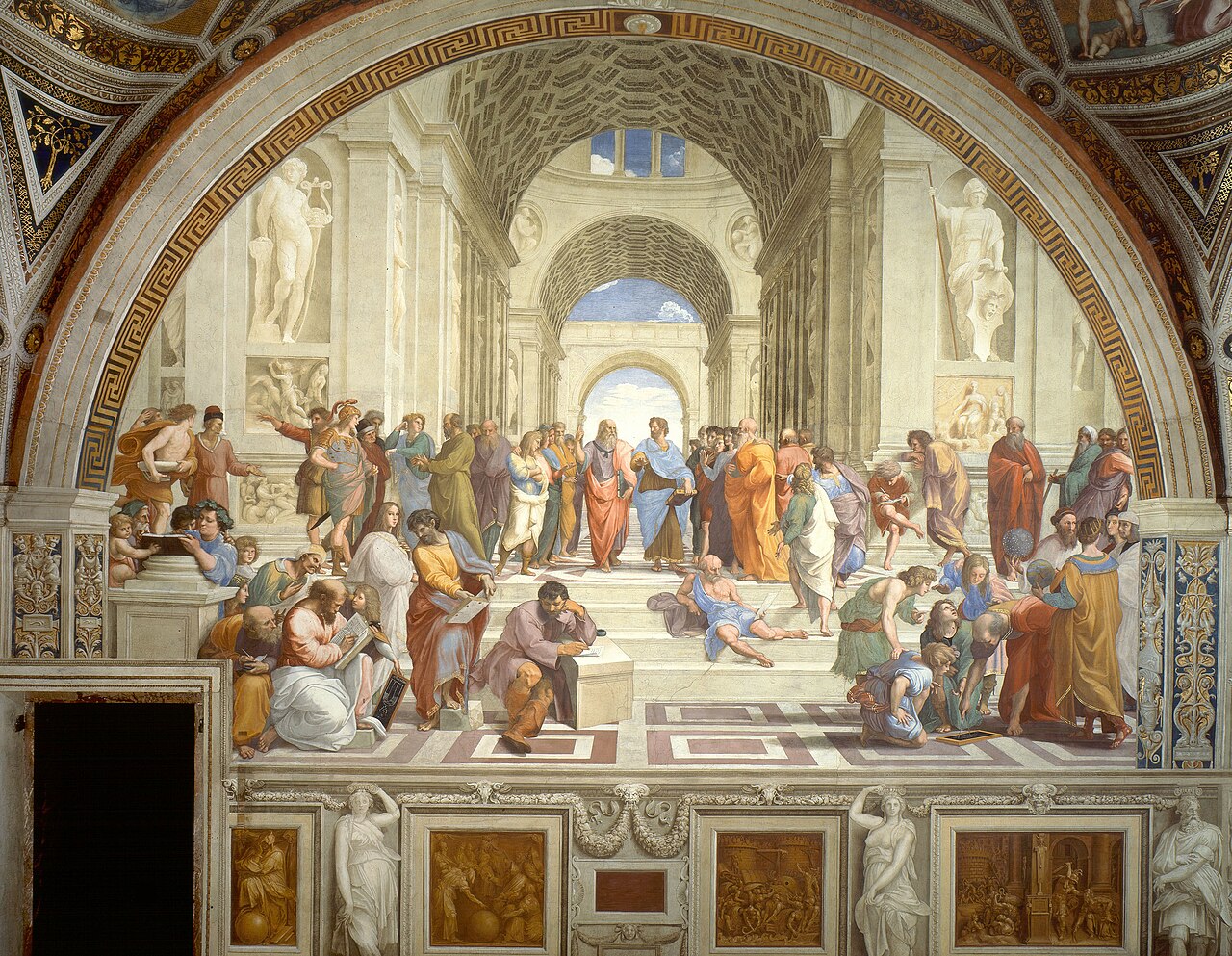 Raphael’s fresco The School of Athens: philosophers gathered under a vaulted hall, Plato and Aristotle at the centre of the far arch.